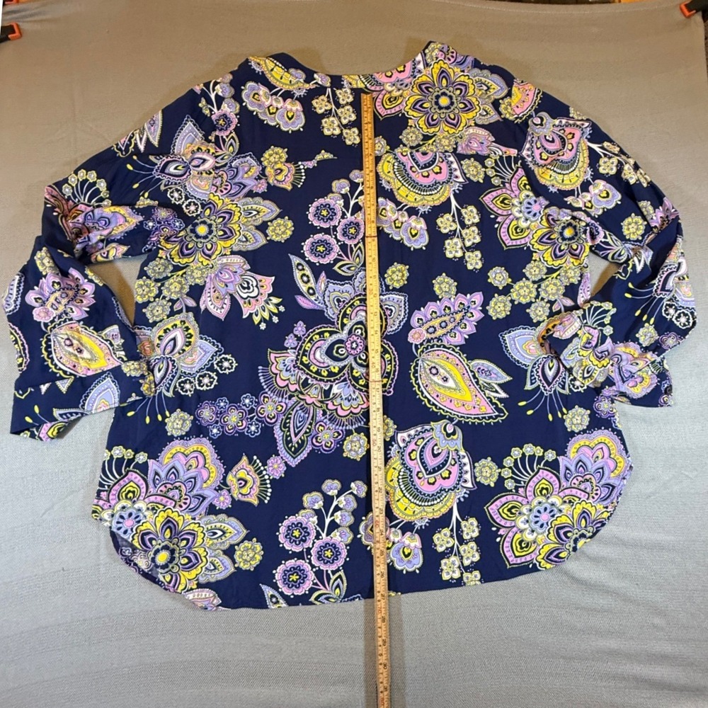 Talbots Plus Navy Blue Paisley Floral Rayon Blouse 2X 3/4 Sleeve Split Neck 2535 - Picture 6 of 7